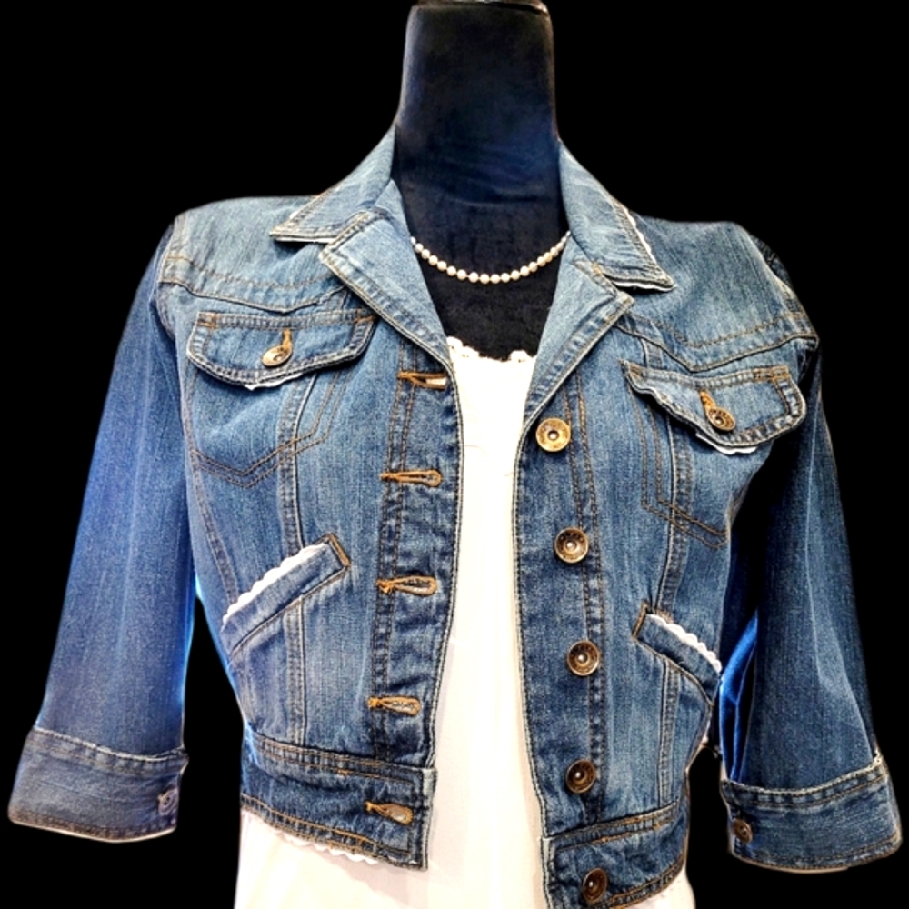 HANDMADE" ☆OKD  "L.e.i." "WINDOW FLOWERS" UpPURPOSED JEAN JACKET! 💙 LG - Picture 2 of 11